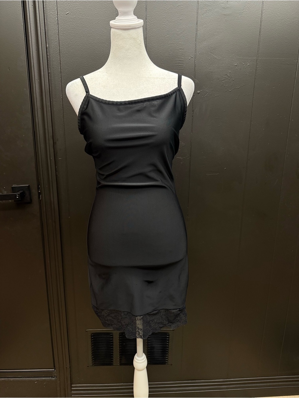 Sleek Black Slip Dress with Lace Trim